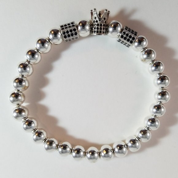 “SOLD” Hand Crafted Steel and Pave Beaded Stretch Bracelet Silver and Black 7.5" - Picture 4 of 6